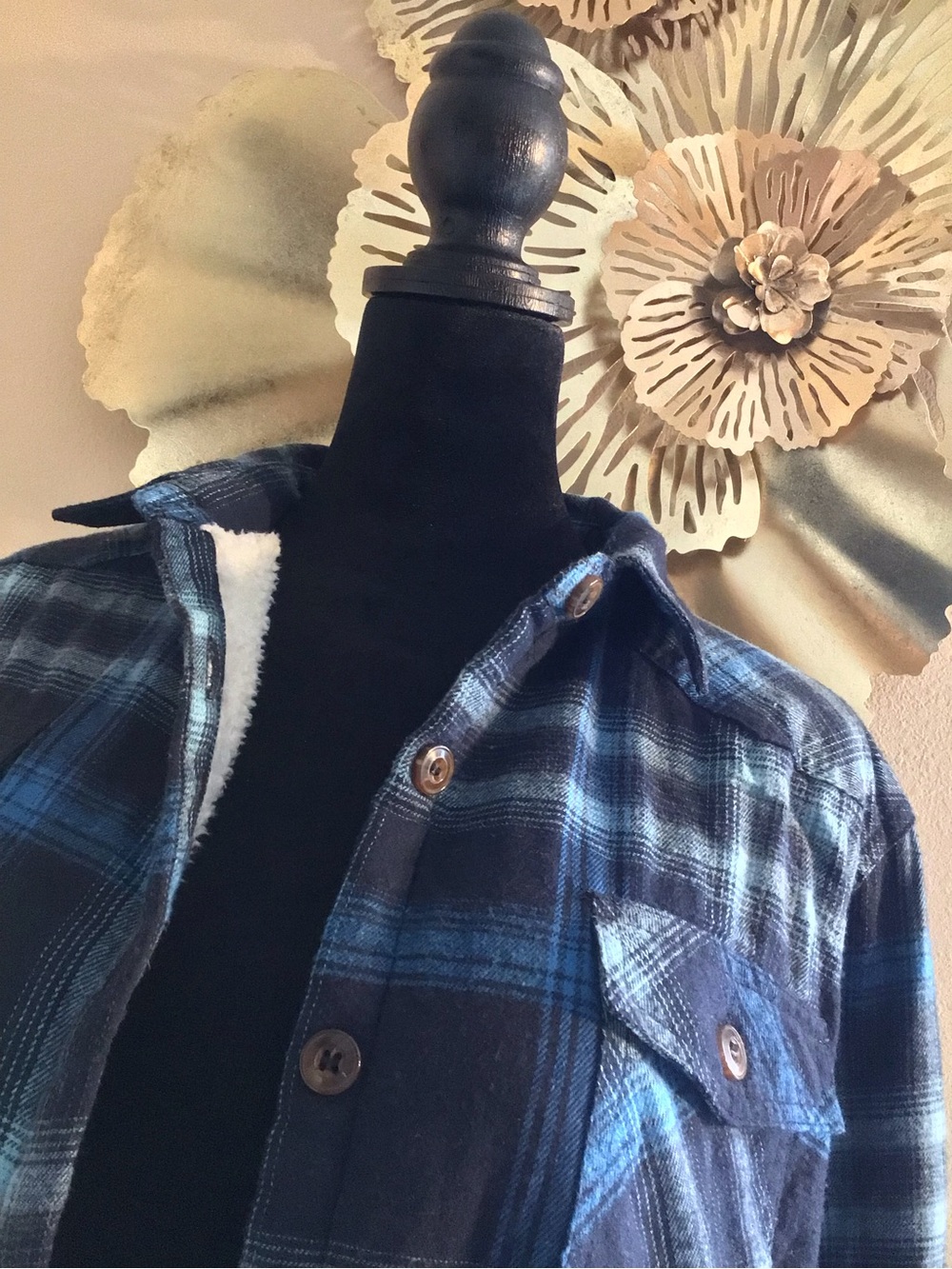 Blue Plaid Sherpa-Lined Button-Up Shacket, size S